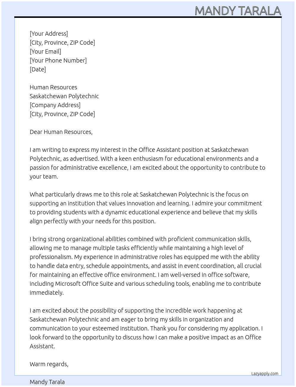 Office Assistant At Saskatchewan Polytechnic Cover Letter