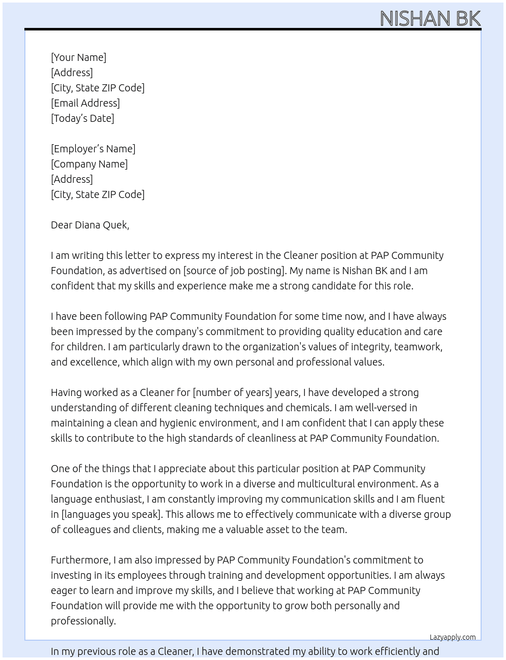 cleaner At PAP COMMUNITY FOUNDATION Cover Letter