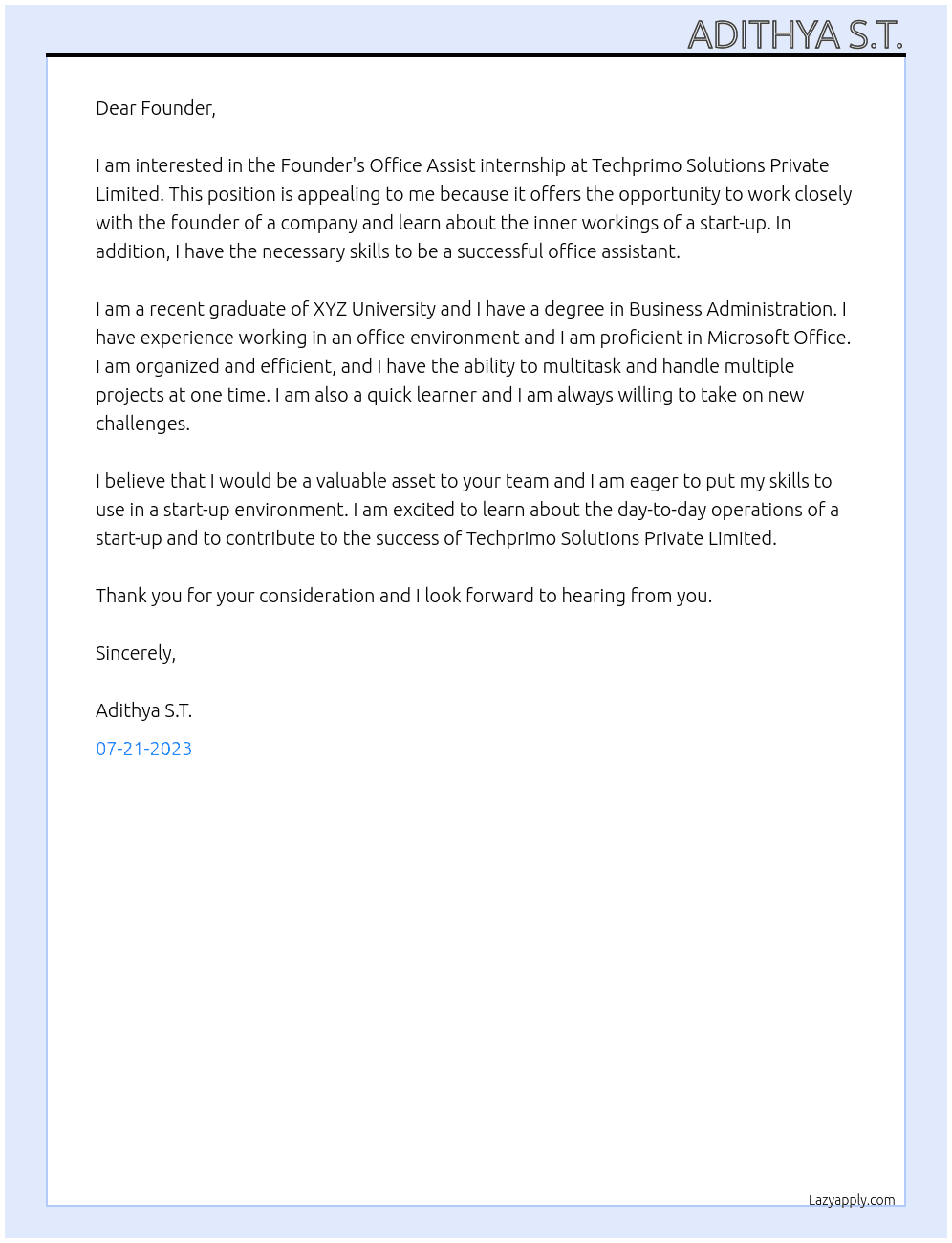 Founder's Office Assist internship At Techprimo Solutions Private Limited Cover Letter