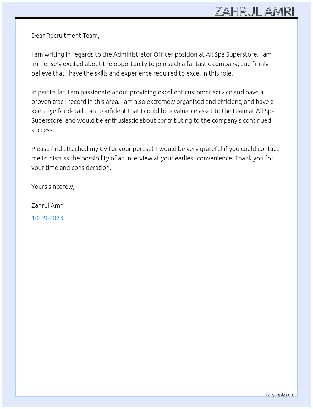 Administrator Officer At All Spa Superstore  Cover Letter