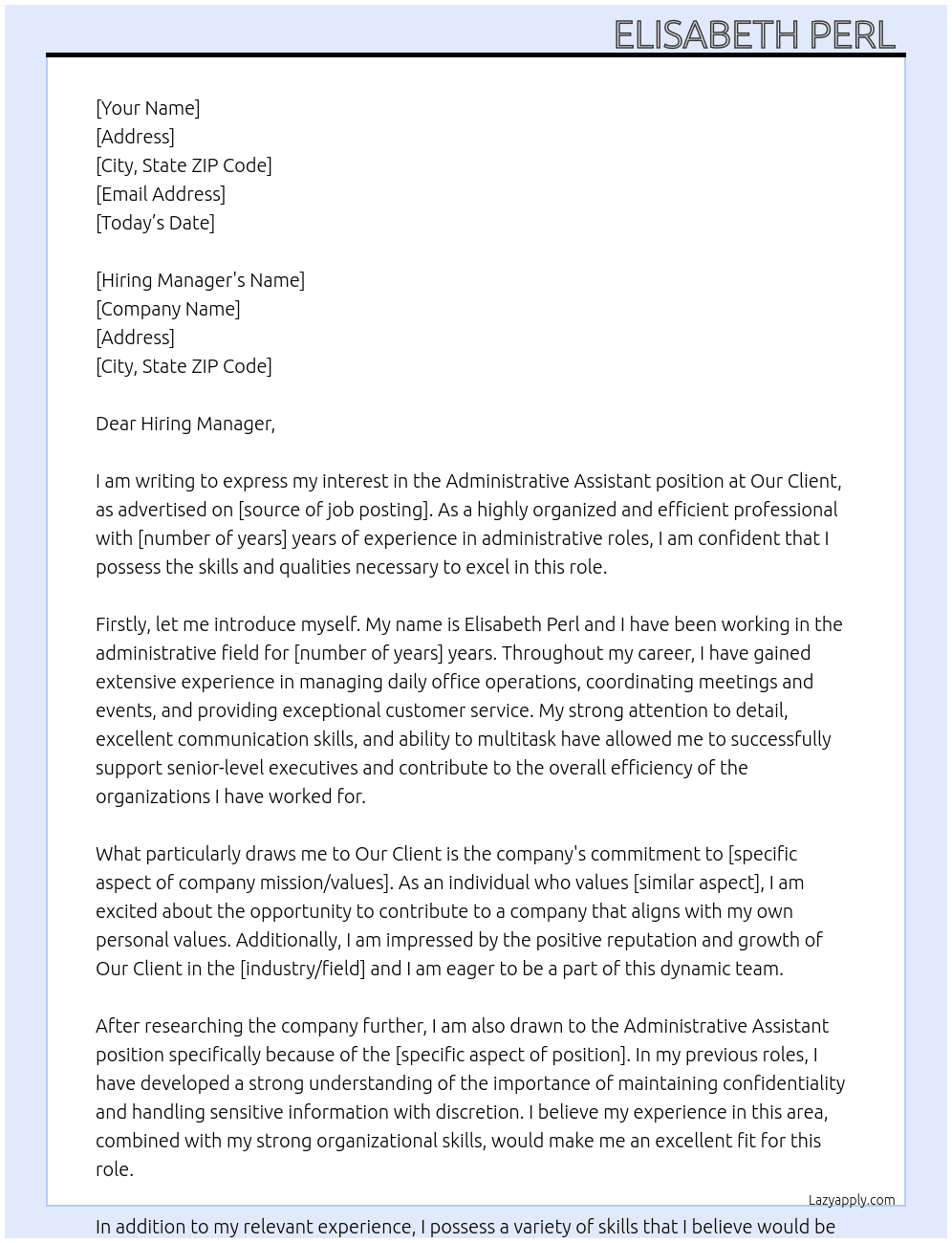 Administrative Assistant  At Our Client  Cover Letter