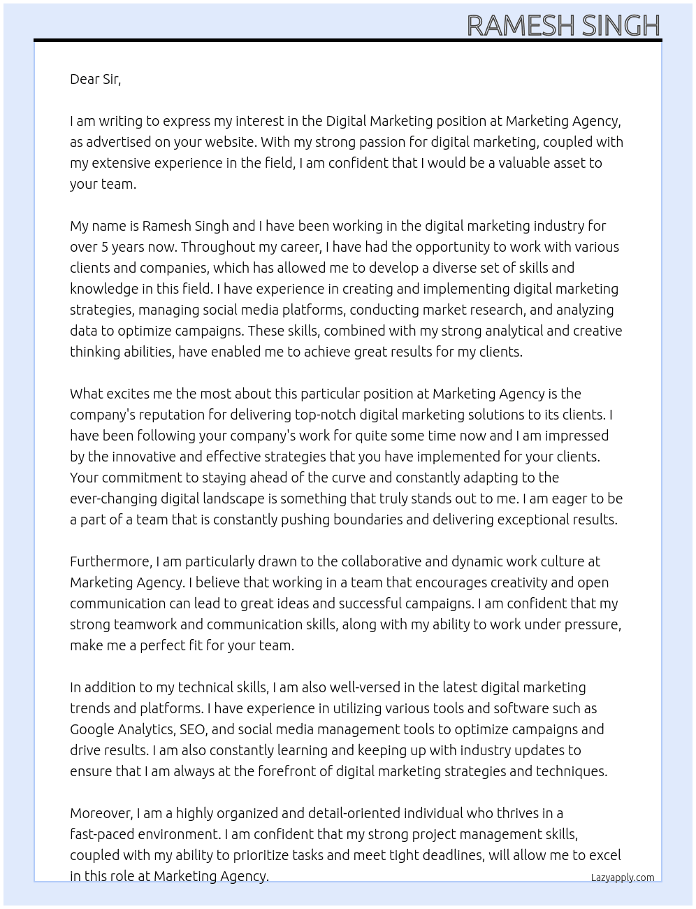 Digital marketing  At Marketing Agency Cover Letter