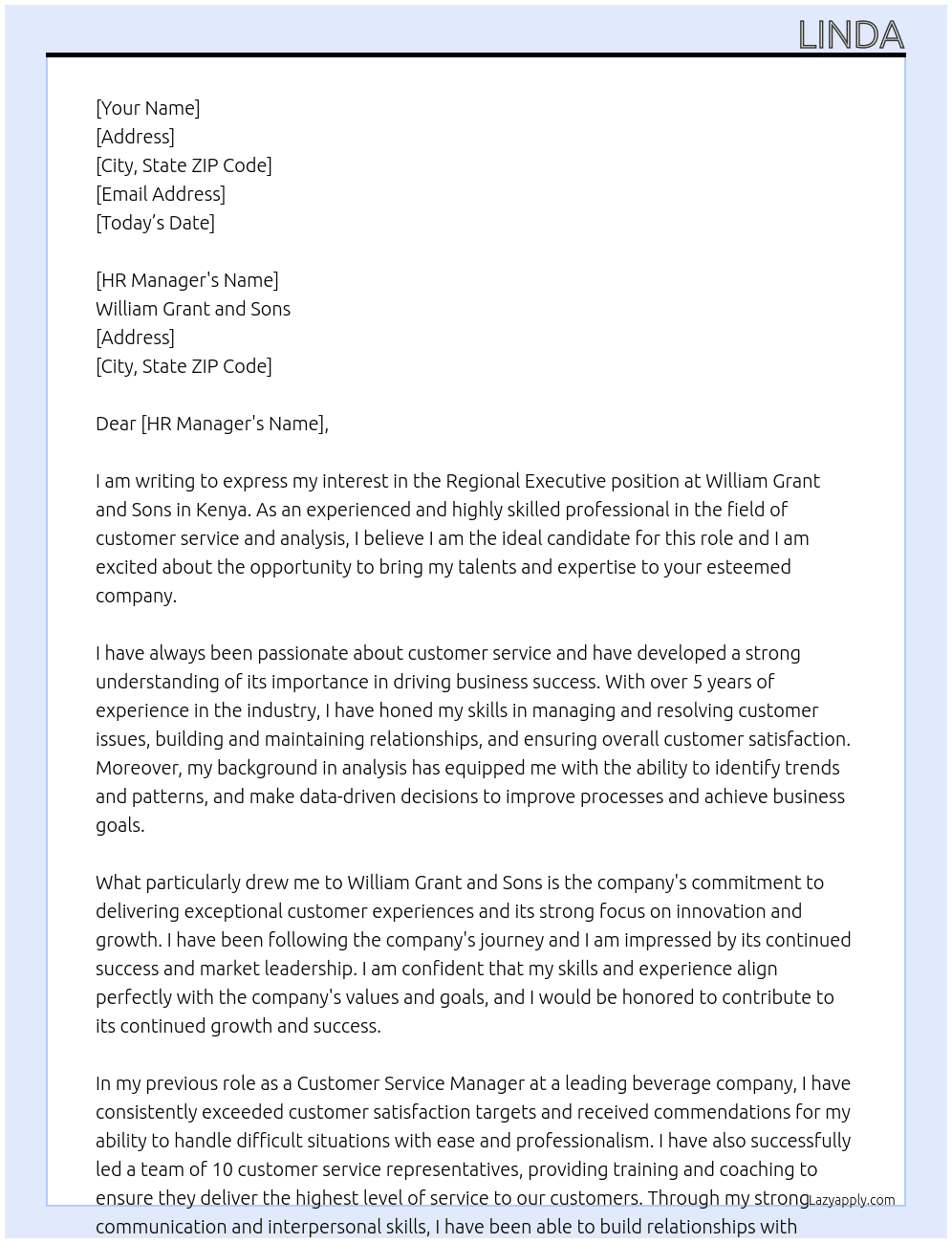 Regional Executive - Kenya At WILLIAM GRANT AND SONS Cover Letter