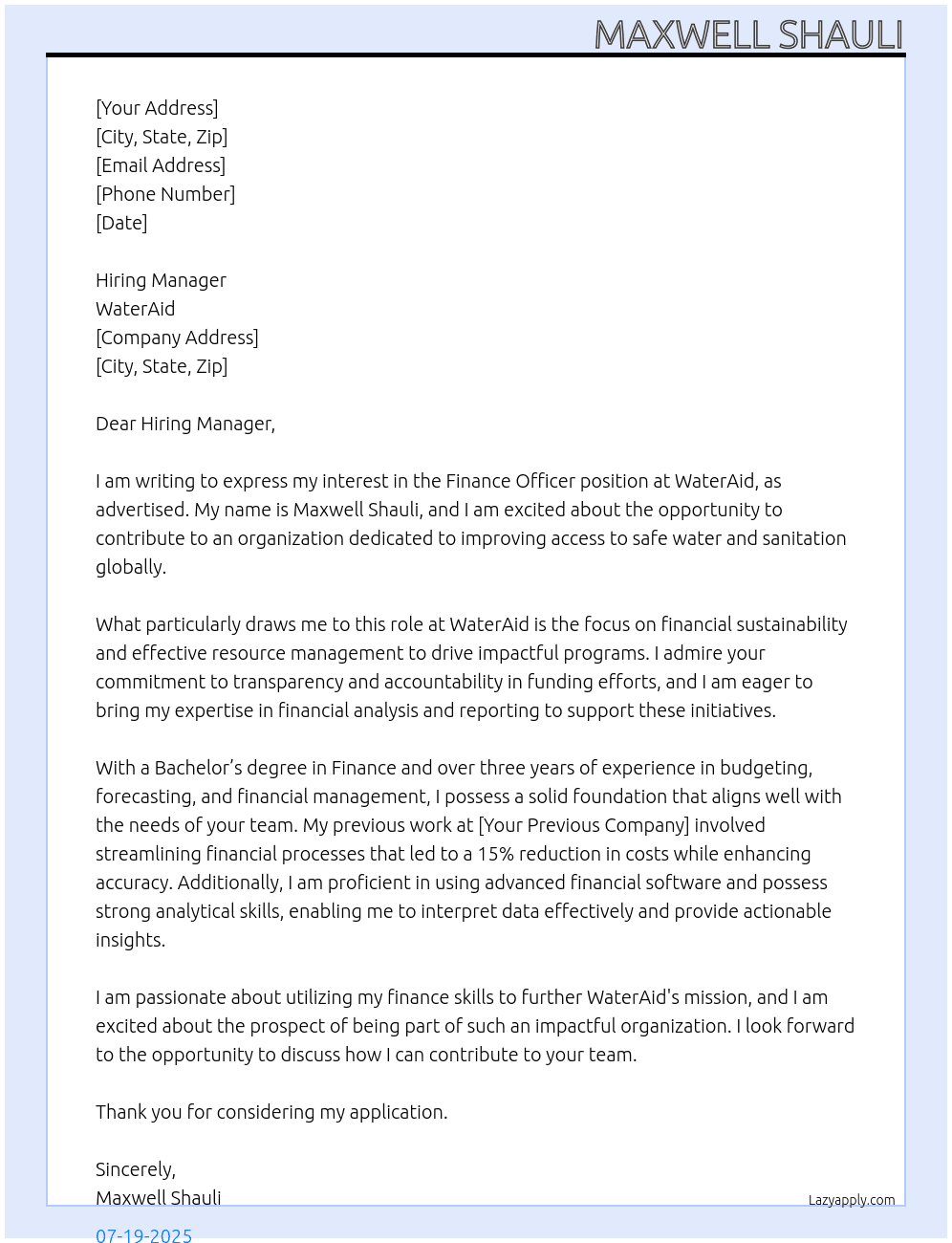 Finance officer At WaterAid Cover Letter