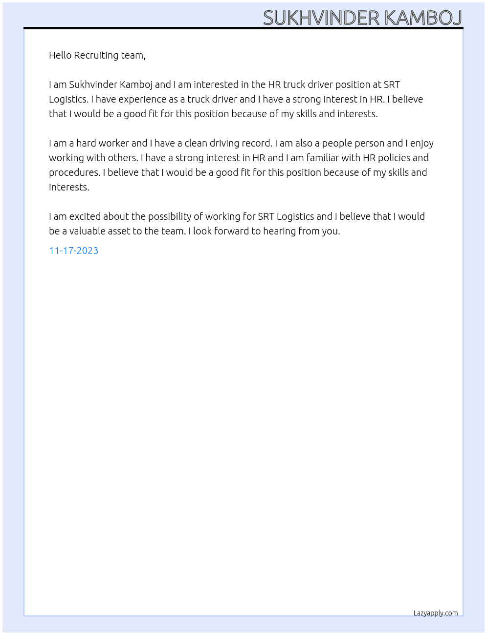 HR truck driver  At SRT Logistics  Cover Letter