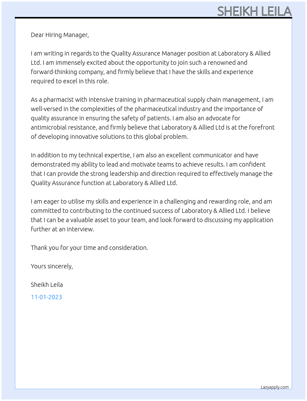 QUALITY ASSUARANCE MANAGER At laboratory & Allied Ltd Cover Letter