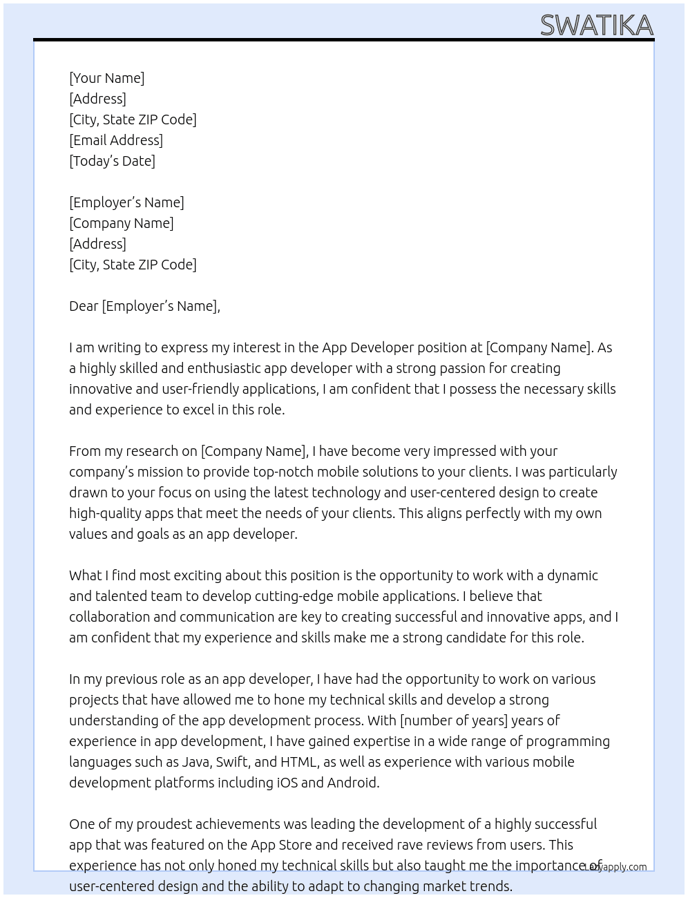 App developer At no Cover Letter