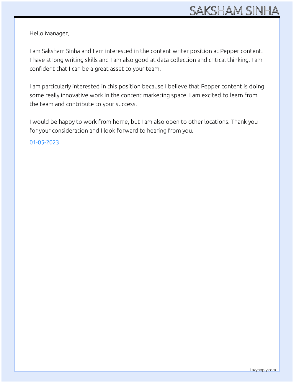 Content writer At Pepper content Cover Letter