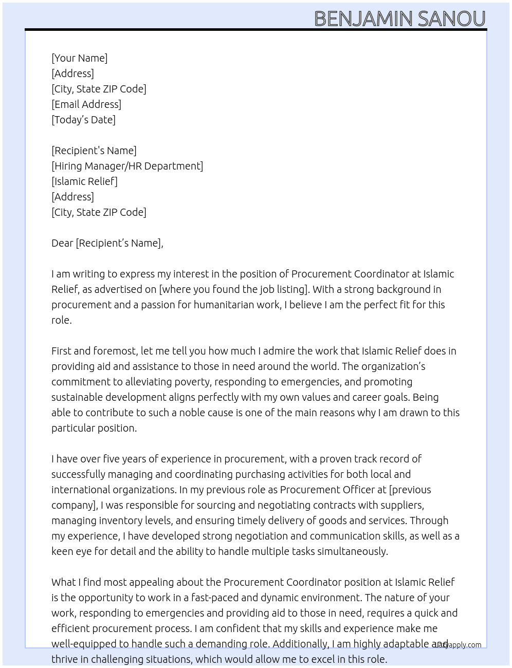 PROCURMENT COORDINATOR At Islamic Relief Cover Letter