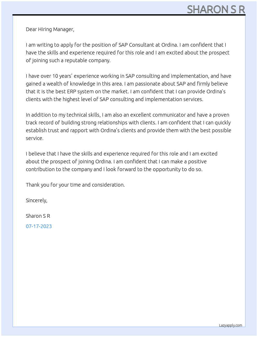 Sap  Consultant  At Ordina Cover Letter