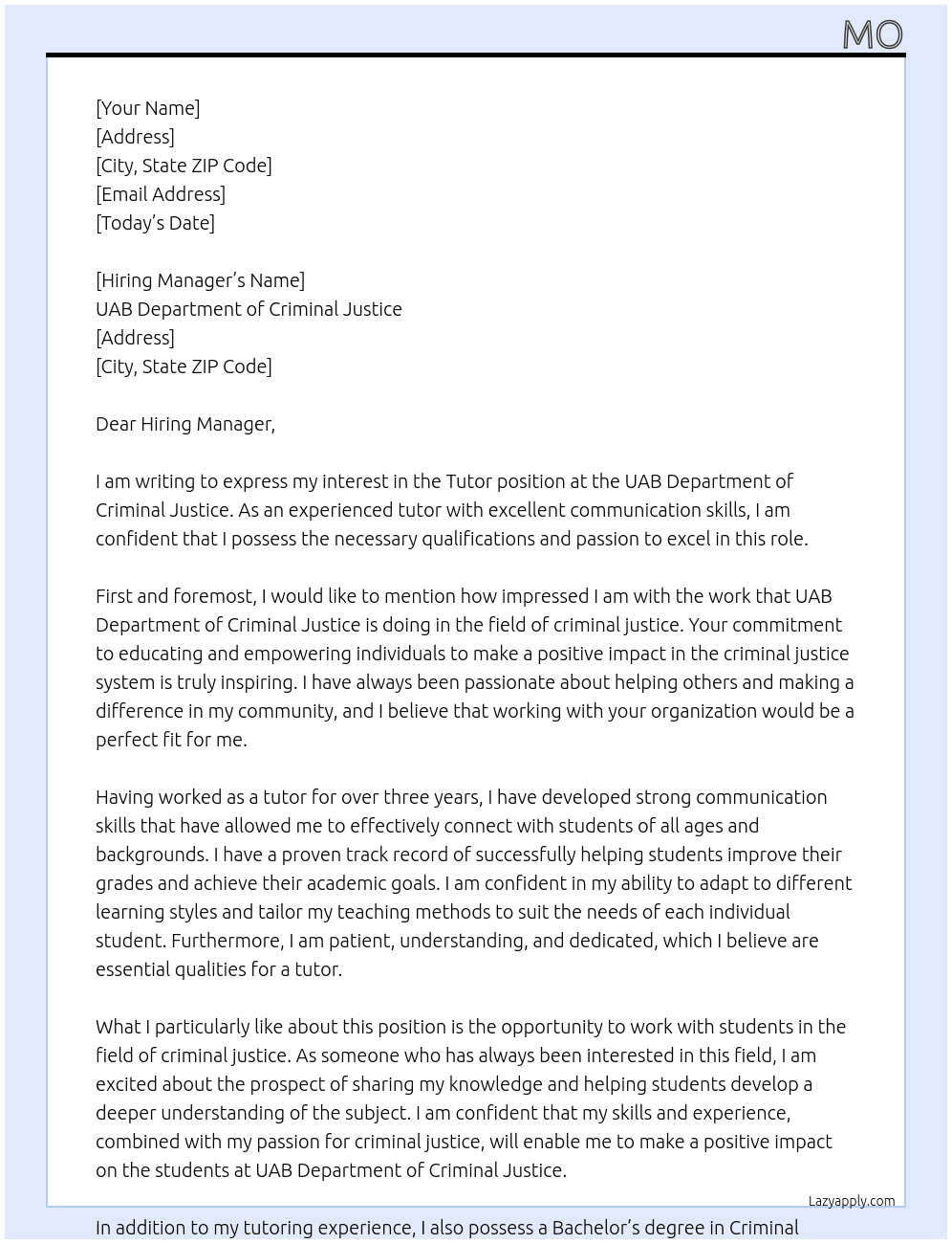 Tutor At UAB Department of Criminal Justice Cover Letter