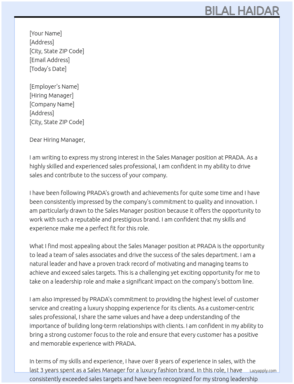SALES MANAGER  At PRADA Cover Letter