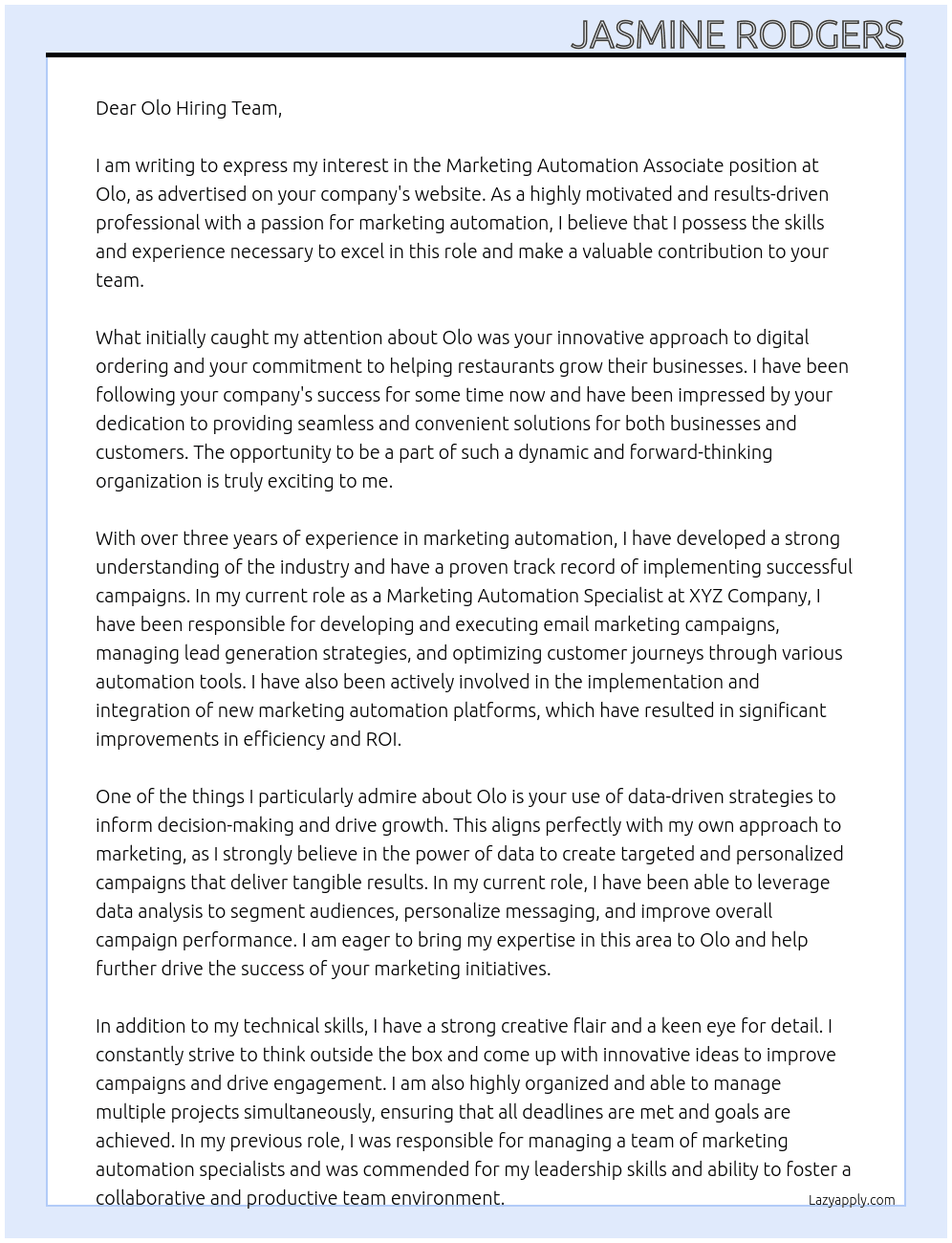 marketing automation associate At Olo Cover Letter
