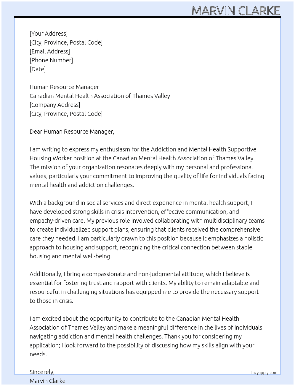 Cover letter for addiction and mental health supportive housing worker - LazyApply