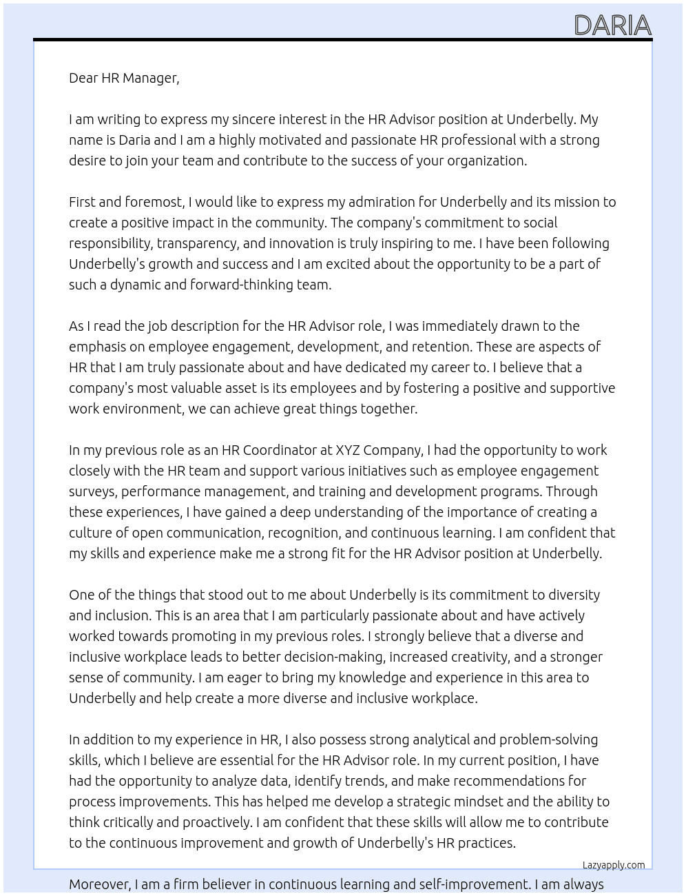 HR advisor At underbelly Cover Letter