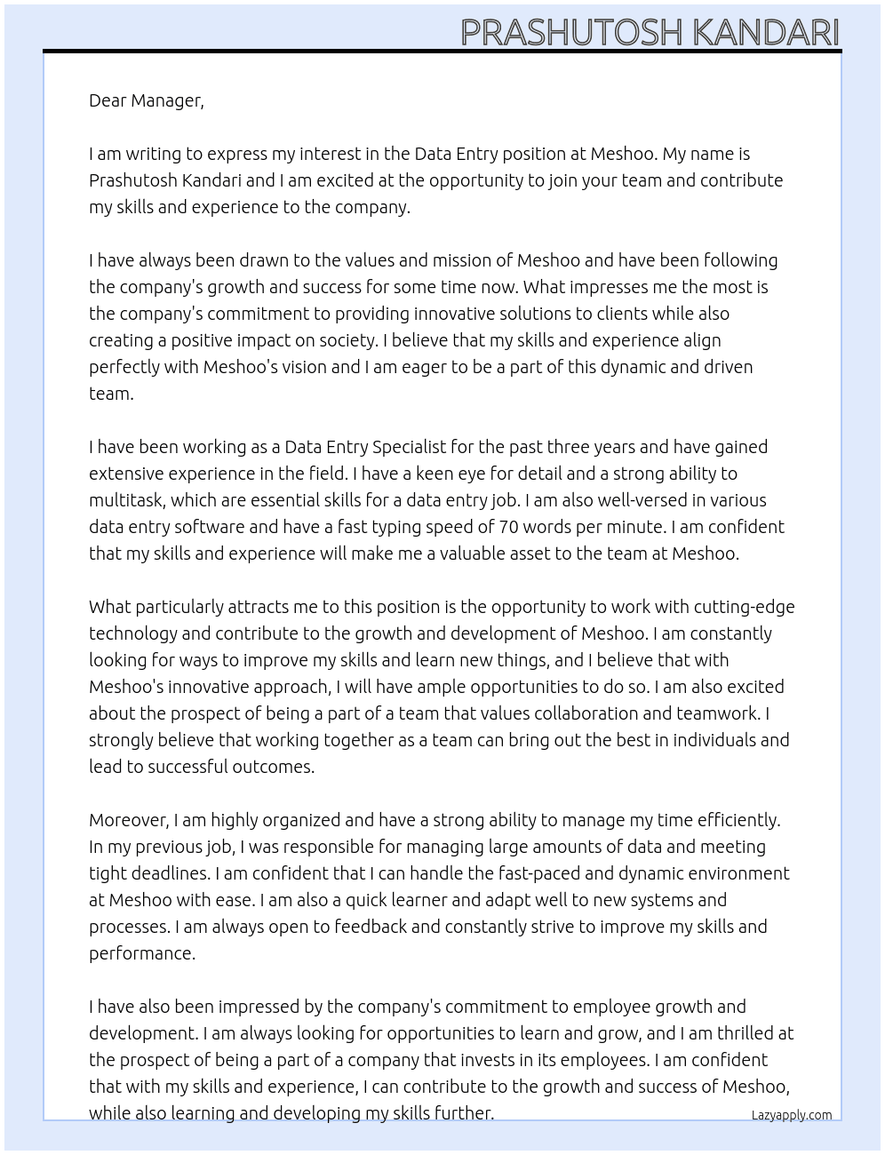 data entry job in meshoo At meshoo Cover Letter