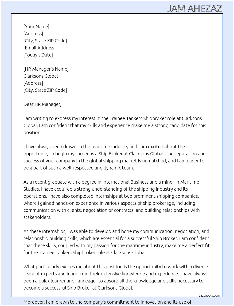 Ship Broker At Clarksons global Cover Letter