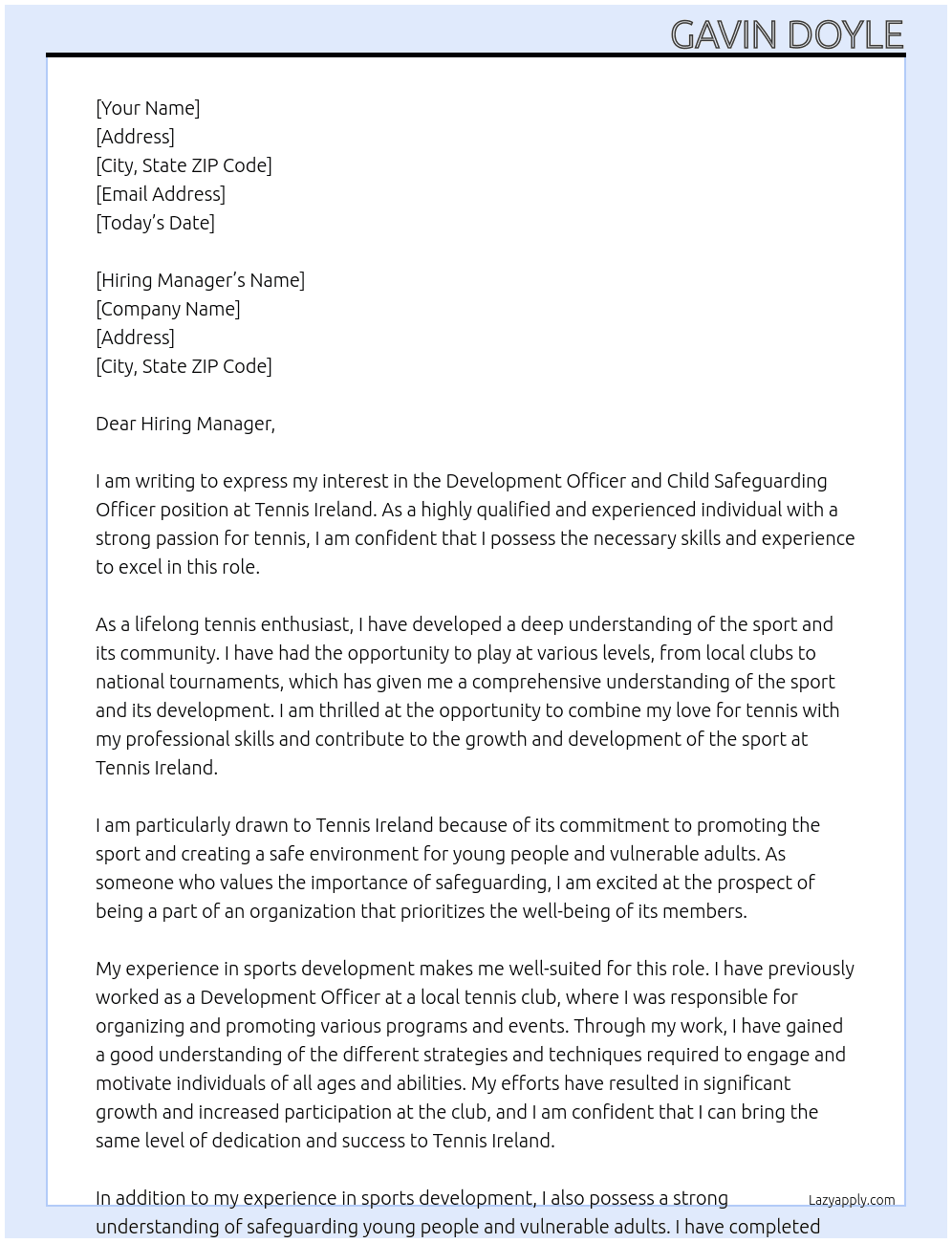 Development Officer and Child Safeguarding Officer At Tennis Ireland  Cover Letter