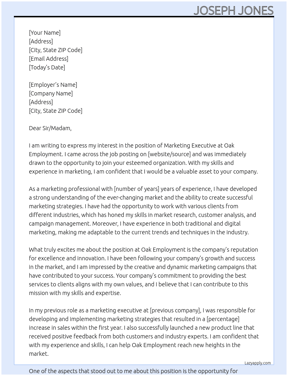 Marketing Exectuive At Oak Employment Cover Letter
