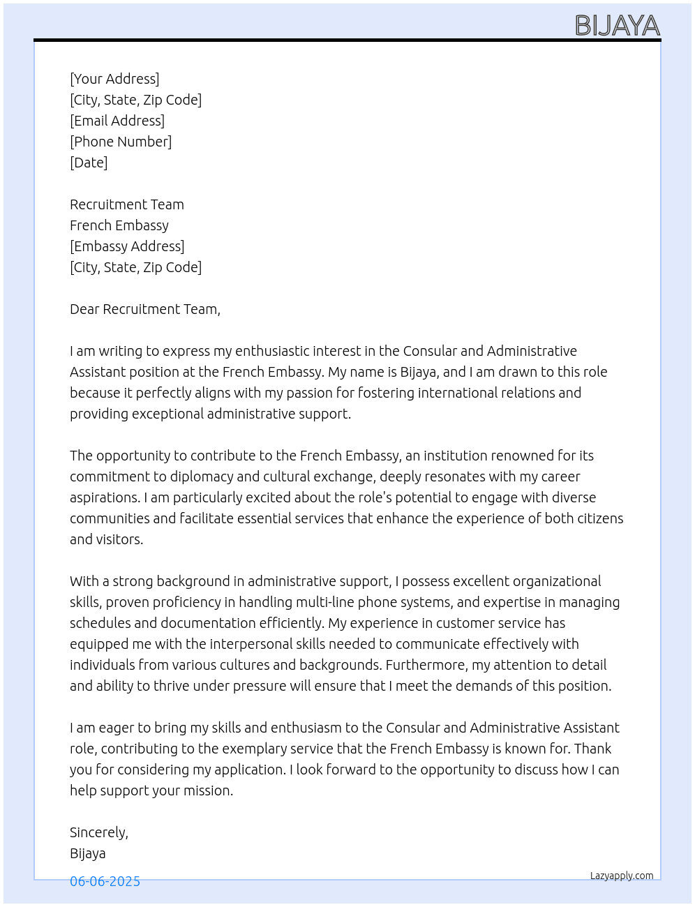 Cover letter for consular and administarive assistant - LazyApply