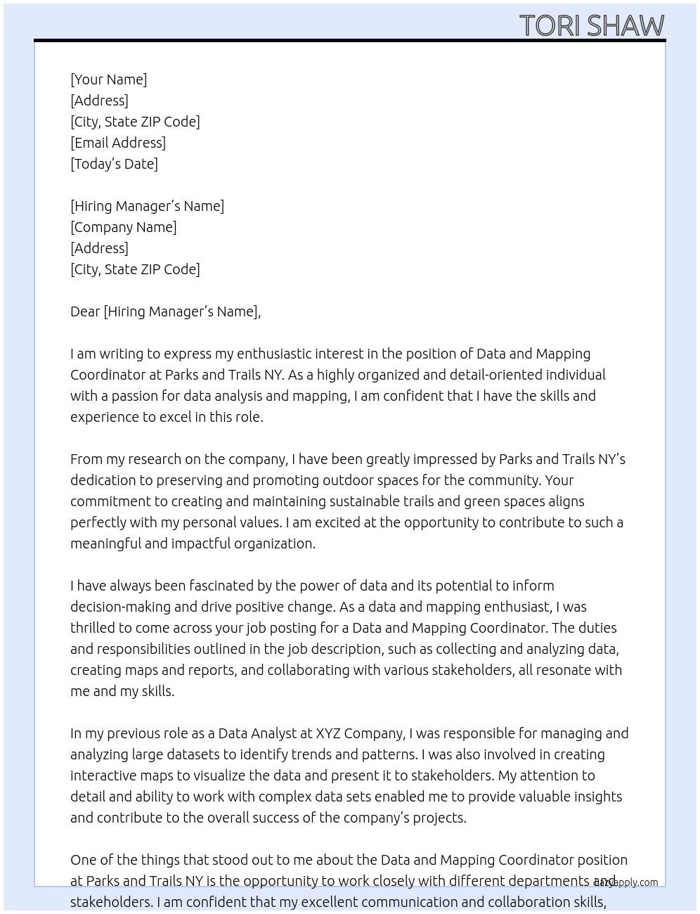 Data and Mapping Coordinator At Parks and Trails NY Cover Letter