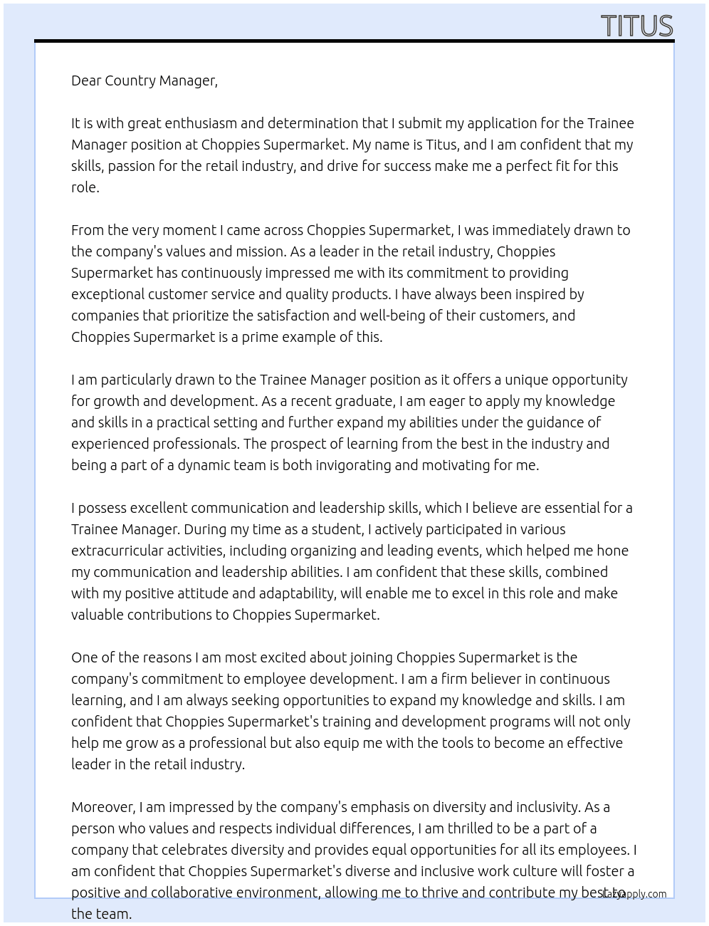 Trainee Manager At Choppies Supermarket Cover Letter