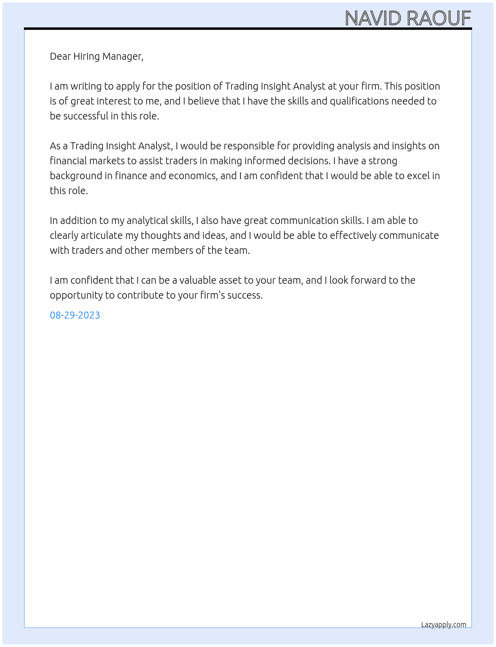 trading insight analyst  At Hiring firm Cover Letter