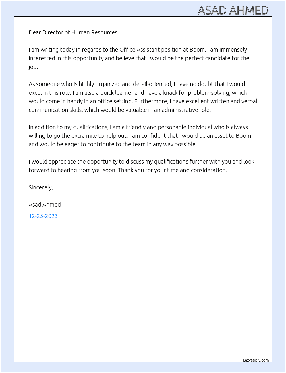 Office Assistant  At Boom Cover Letter