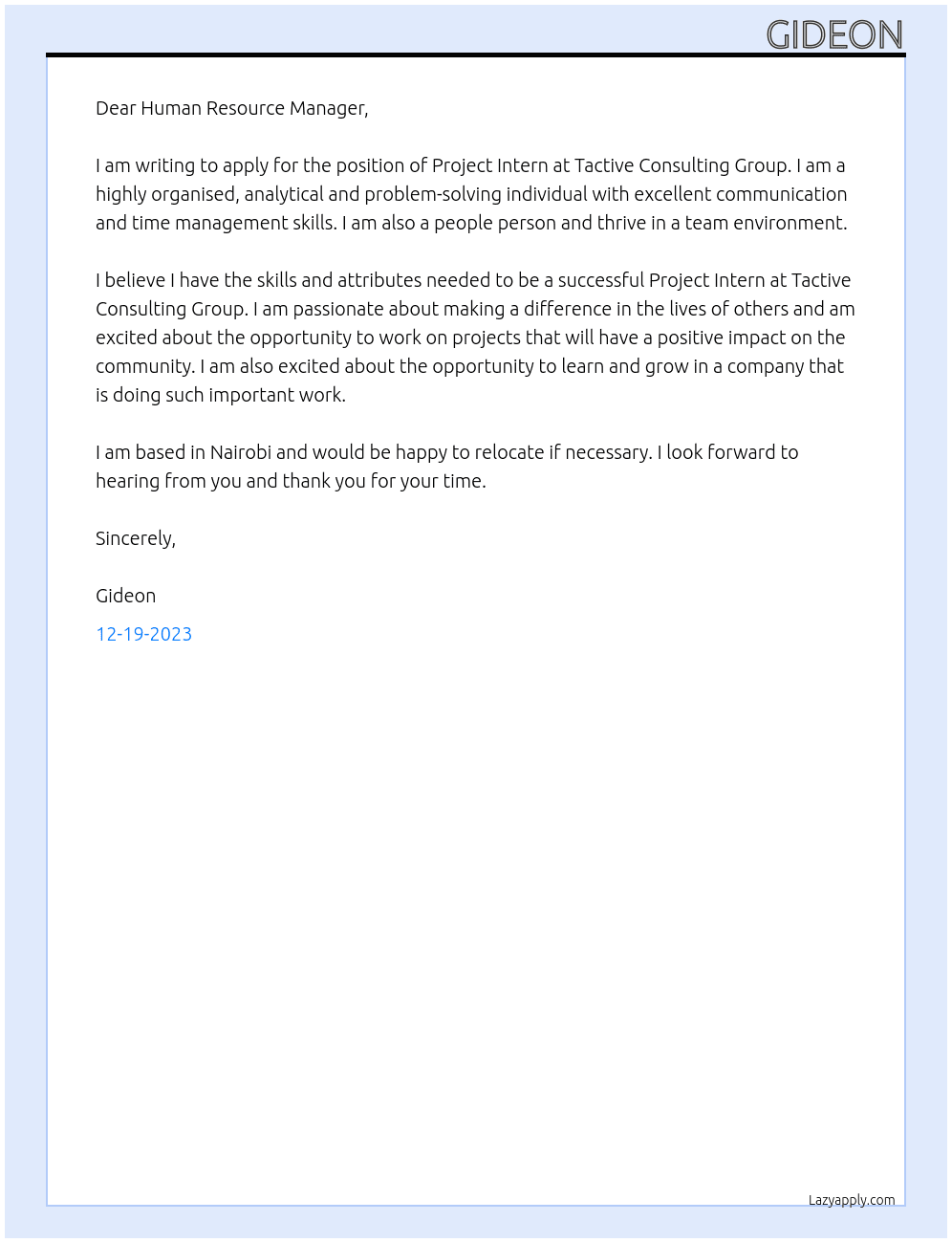 Project intern At Tactive consulting group Cover Letter