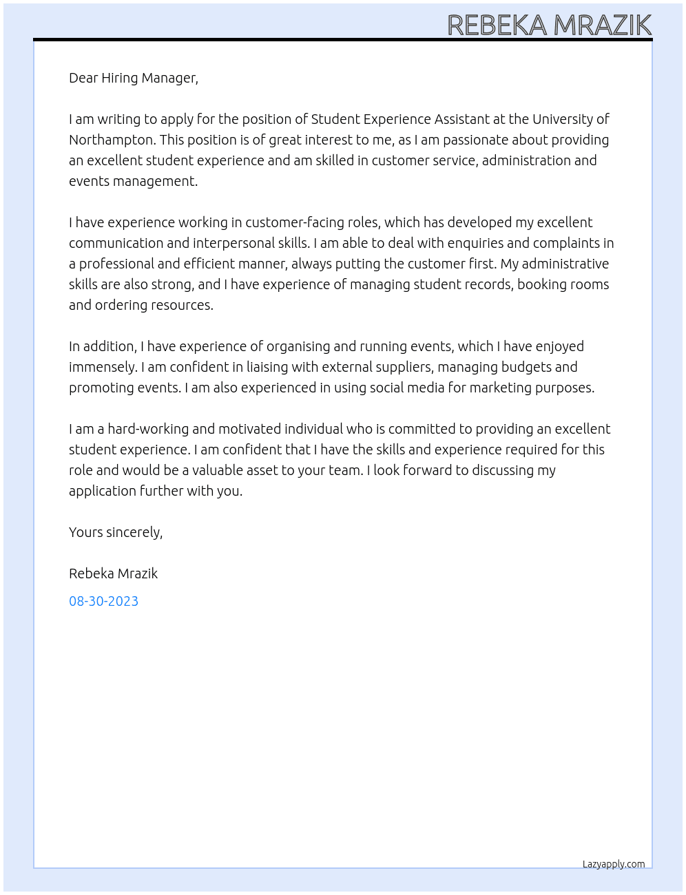 Student Experience Assistant At University of Northampton Cover Letter