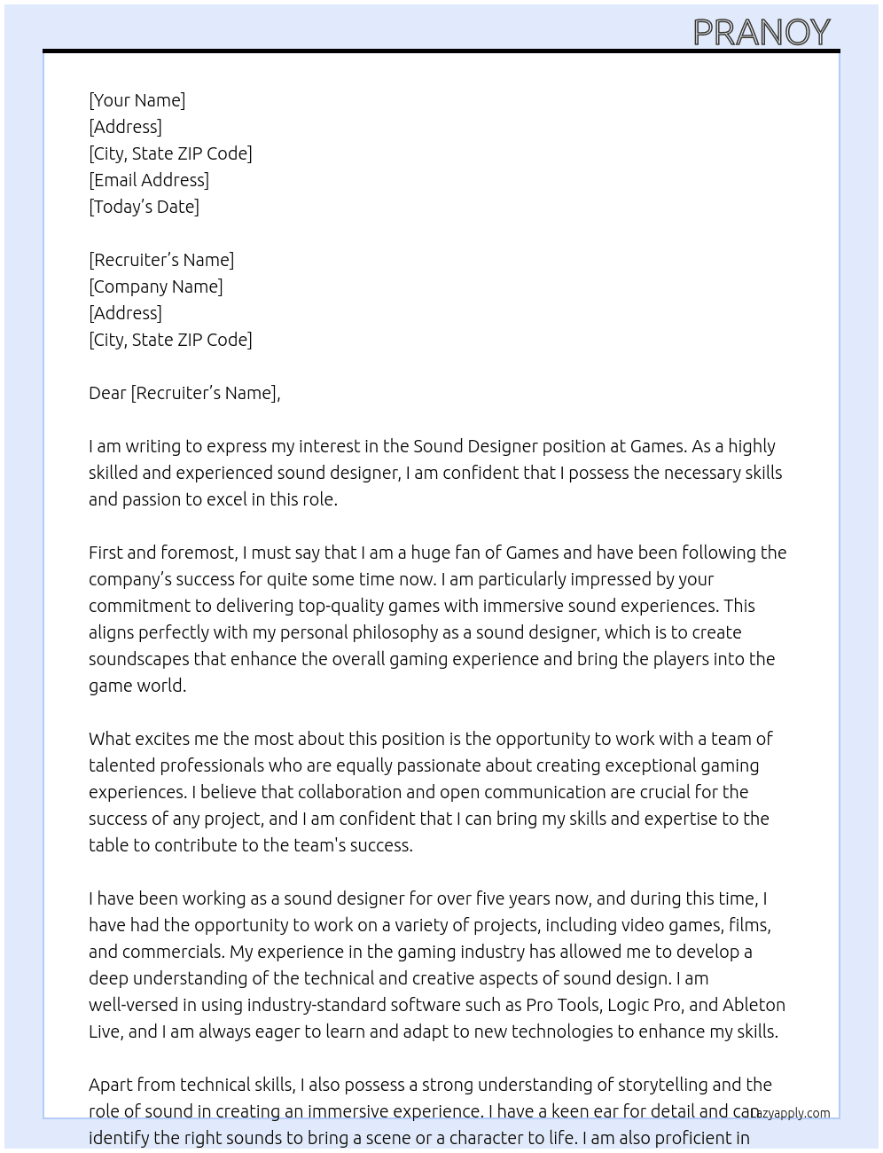 Sound designer At Games Cover Letter