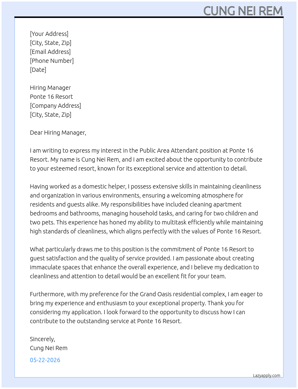 Public area attendant  At Ponte 16 Resort  Cover Letter