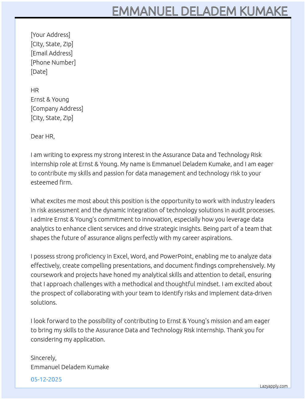 Assurance Data and technology risk  At Ernest and Young Cover Letter