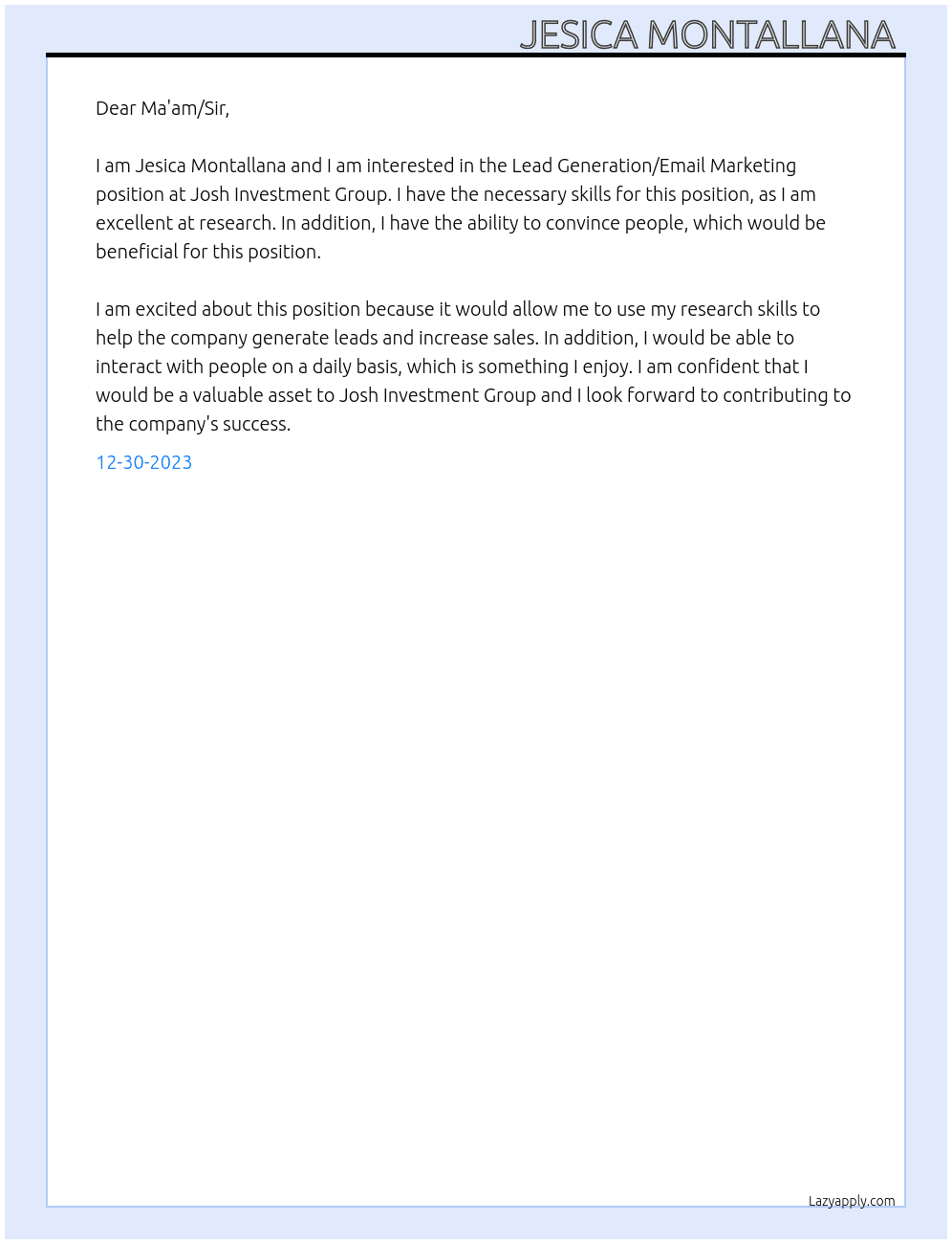 Lead Generation/ email marketing  At Josh Investment Group  Cover Letter