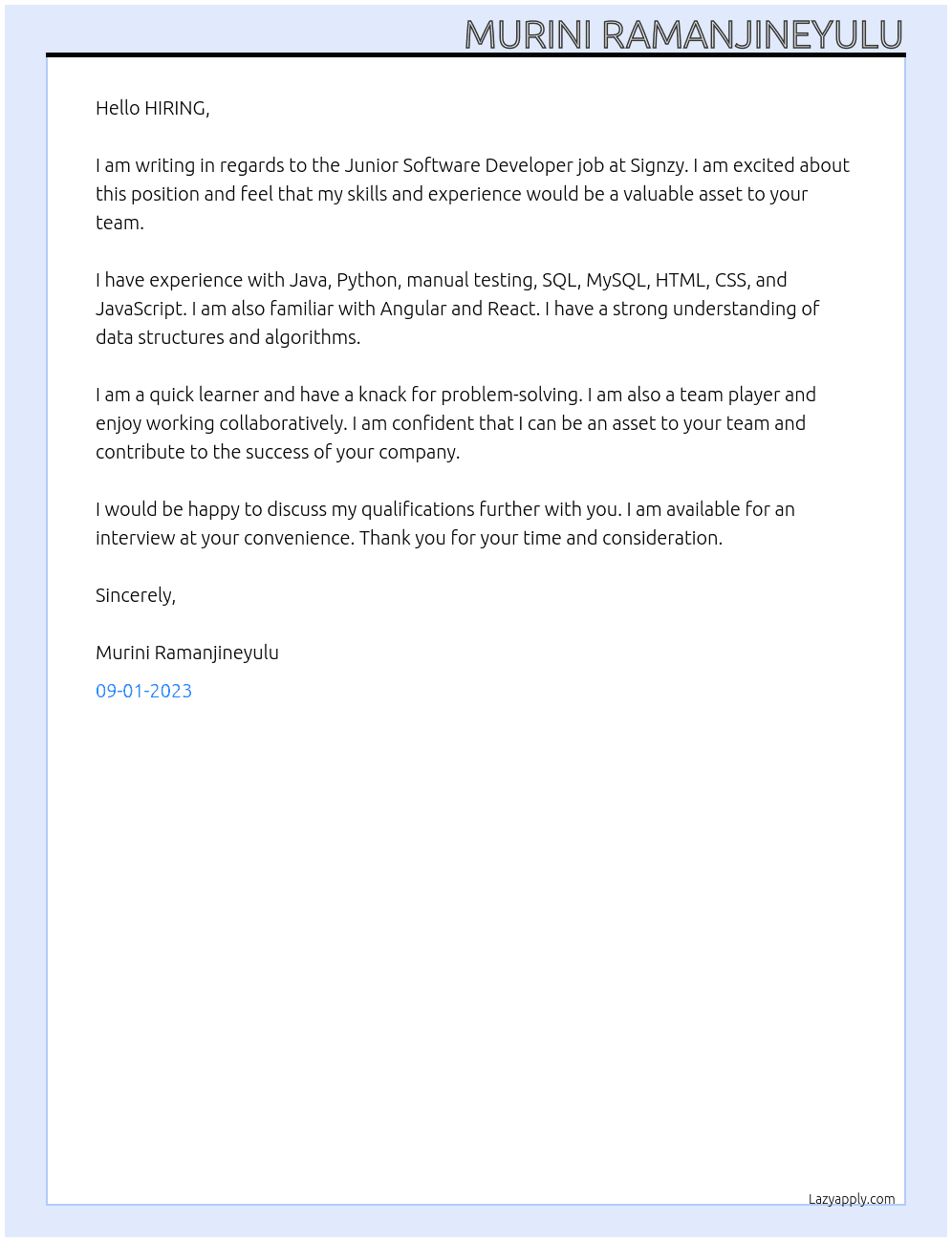 Junior Software Developer job at Signzy At Signzy Cover Letter