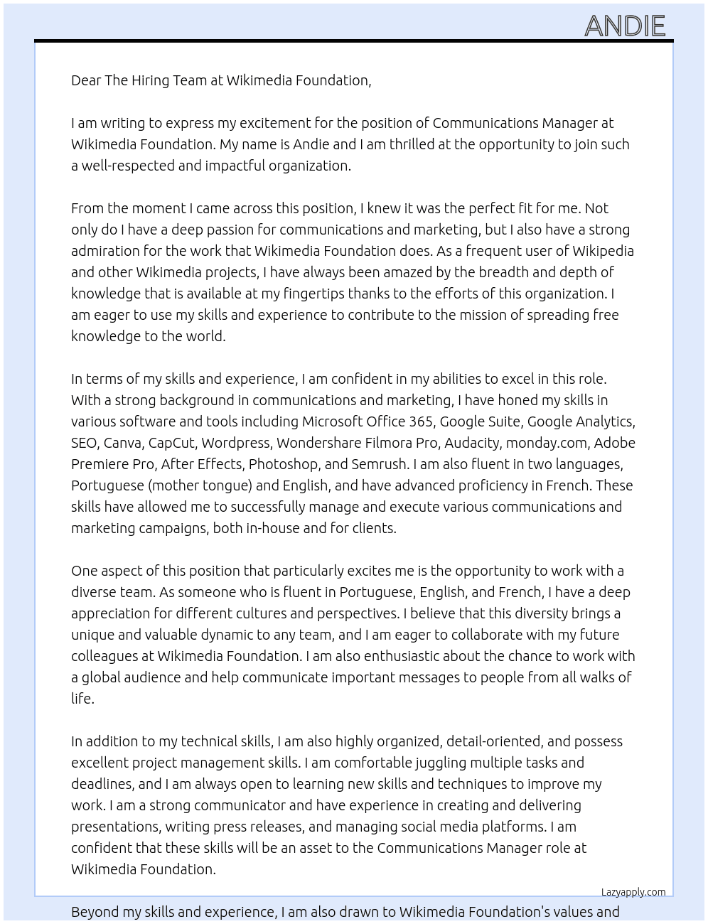 Communications Manager At Wikimedia Foundation Cover Letter
