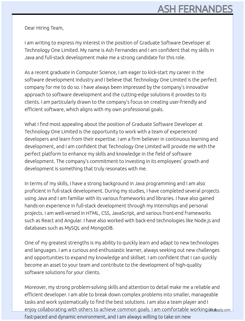 Graduate Software Developer At Technology One Limited Cover Letter