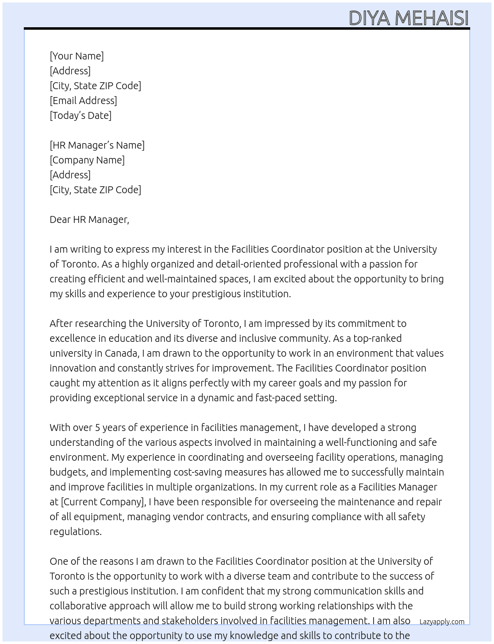 Facilities Coordinator  At University Of Toronto Cover Letter