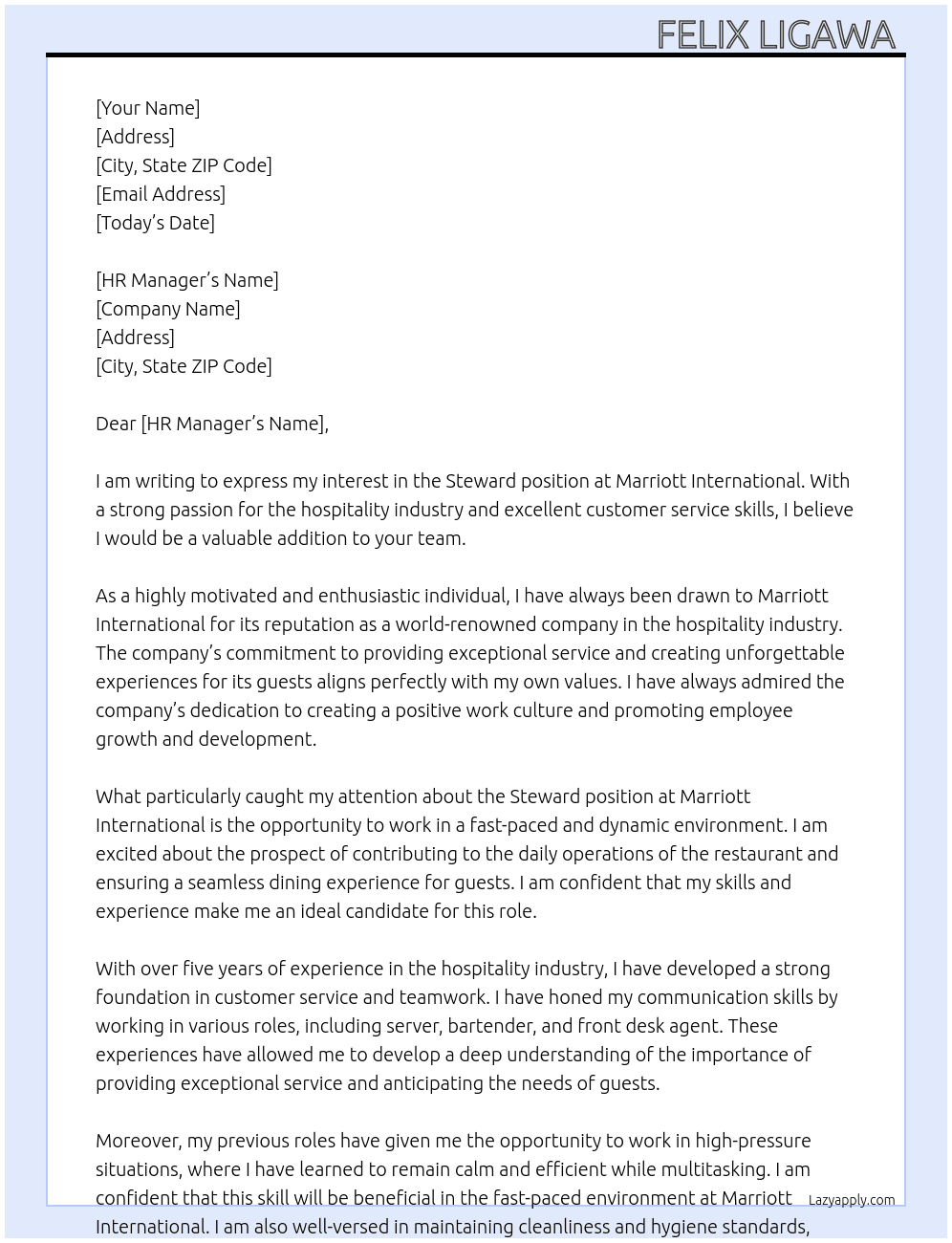 Steward  At Marriott international  Cover Letter