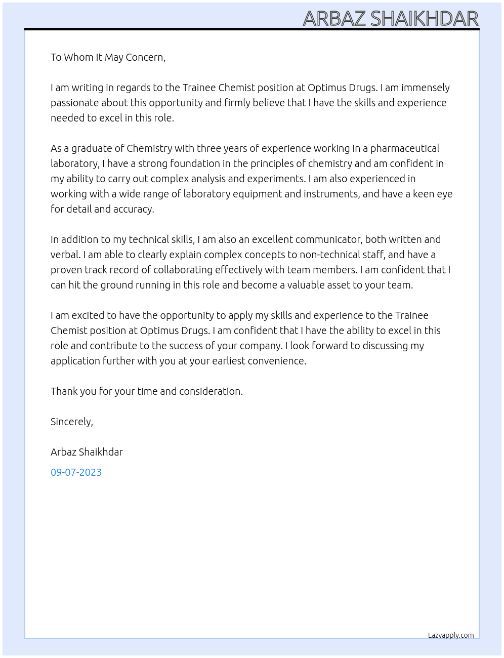 Trainee chemist  At Optimus drugs Cover Letter