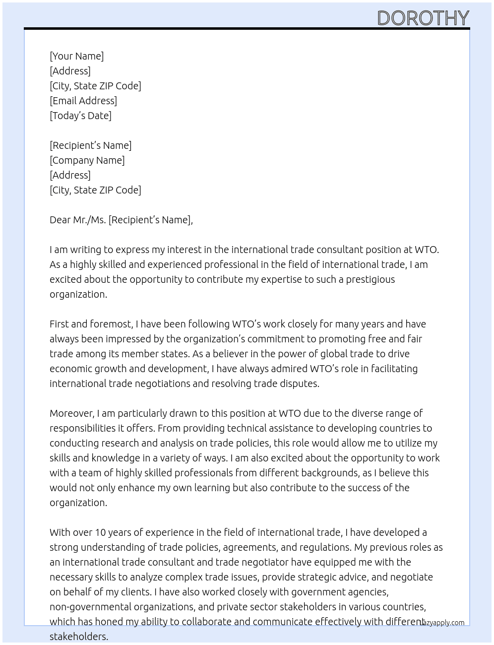 international trade consultant At WTO Cover Letter