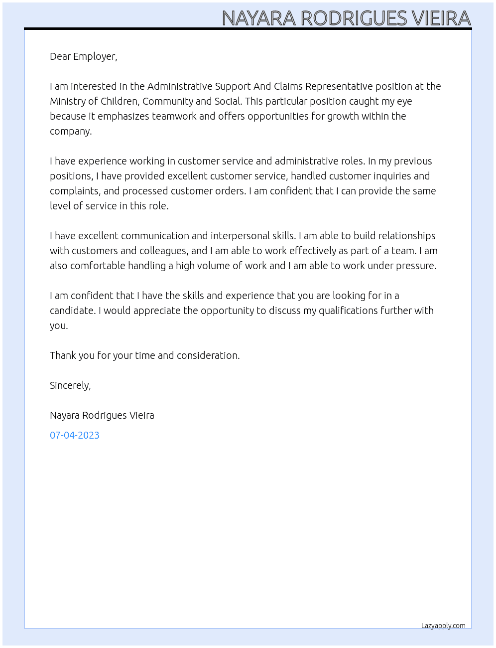 Administrative Support And Claims Representative At Ministry of Children, Community and Social  Cover Letter