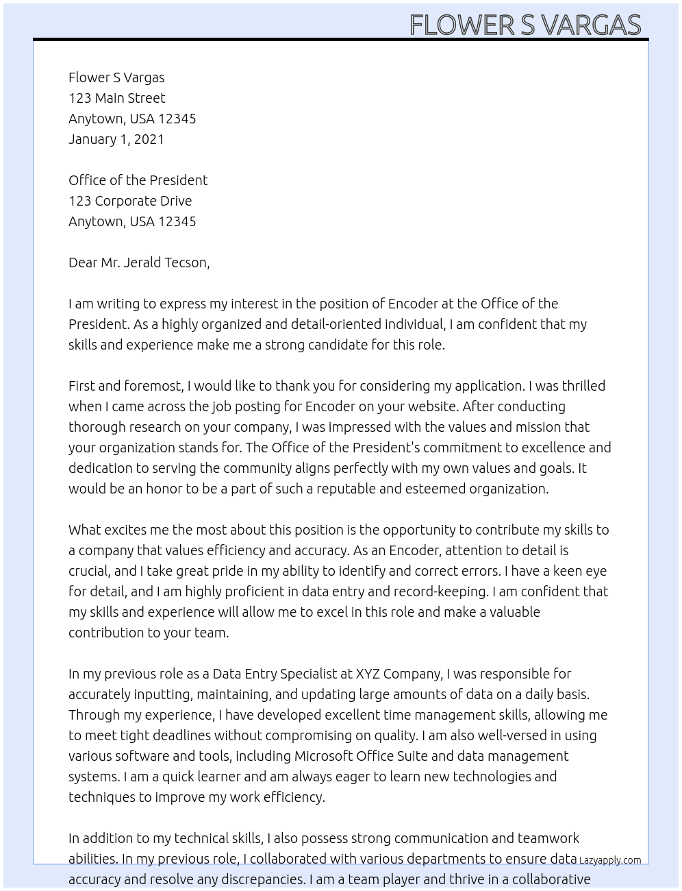 Encoder At OFFICE OF THE PRESIDENT  Cover Letter