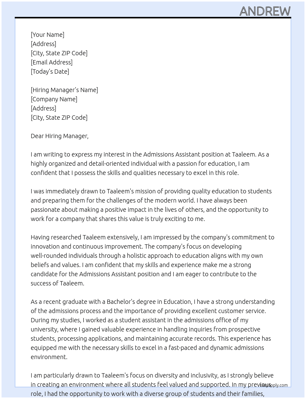 Admissions assistant  At Taaleem Cover Letter