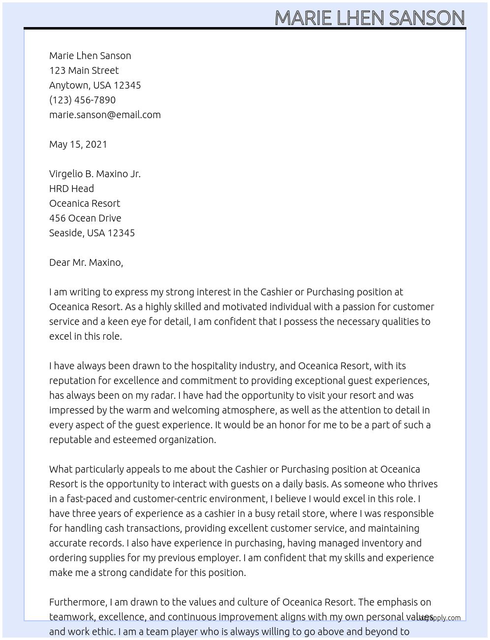 Cover letter for cashier or purchasing - LazyApply