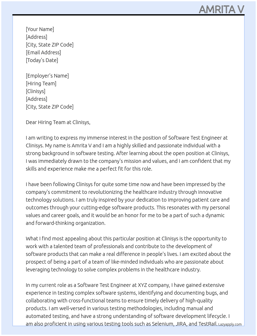 Software test engineer At Clinisys Cover Letter