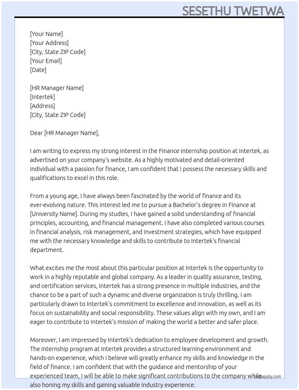 Finance Internship  At Intertek Cover Letter