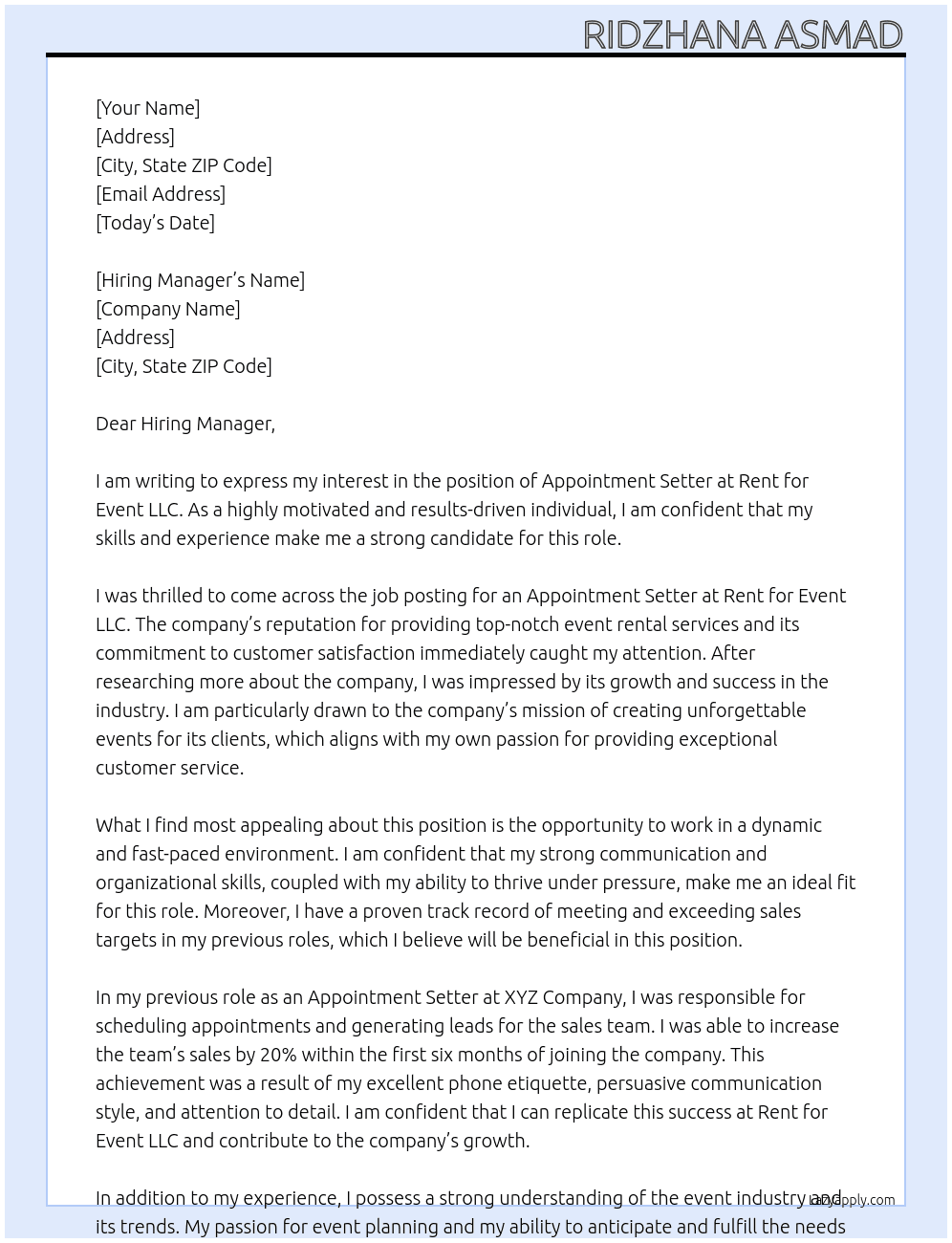 Appointment Setter At Rent for Event LLC Cover Letter