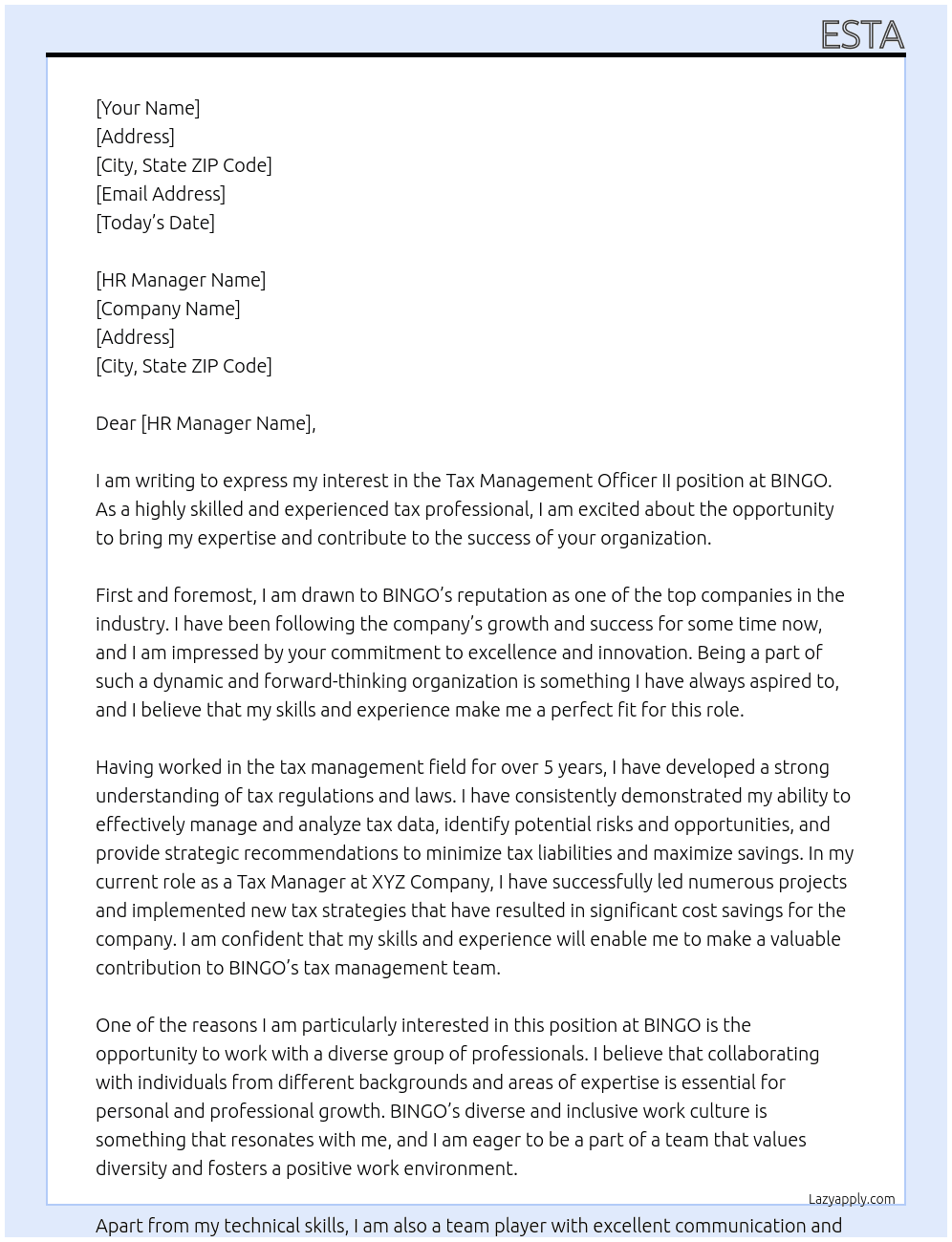 Tax management officer II At BINGO Cover Letter