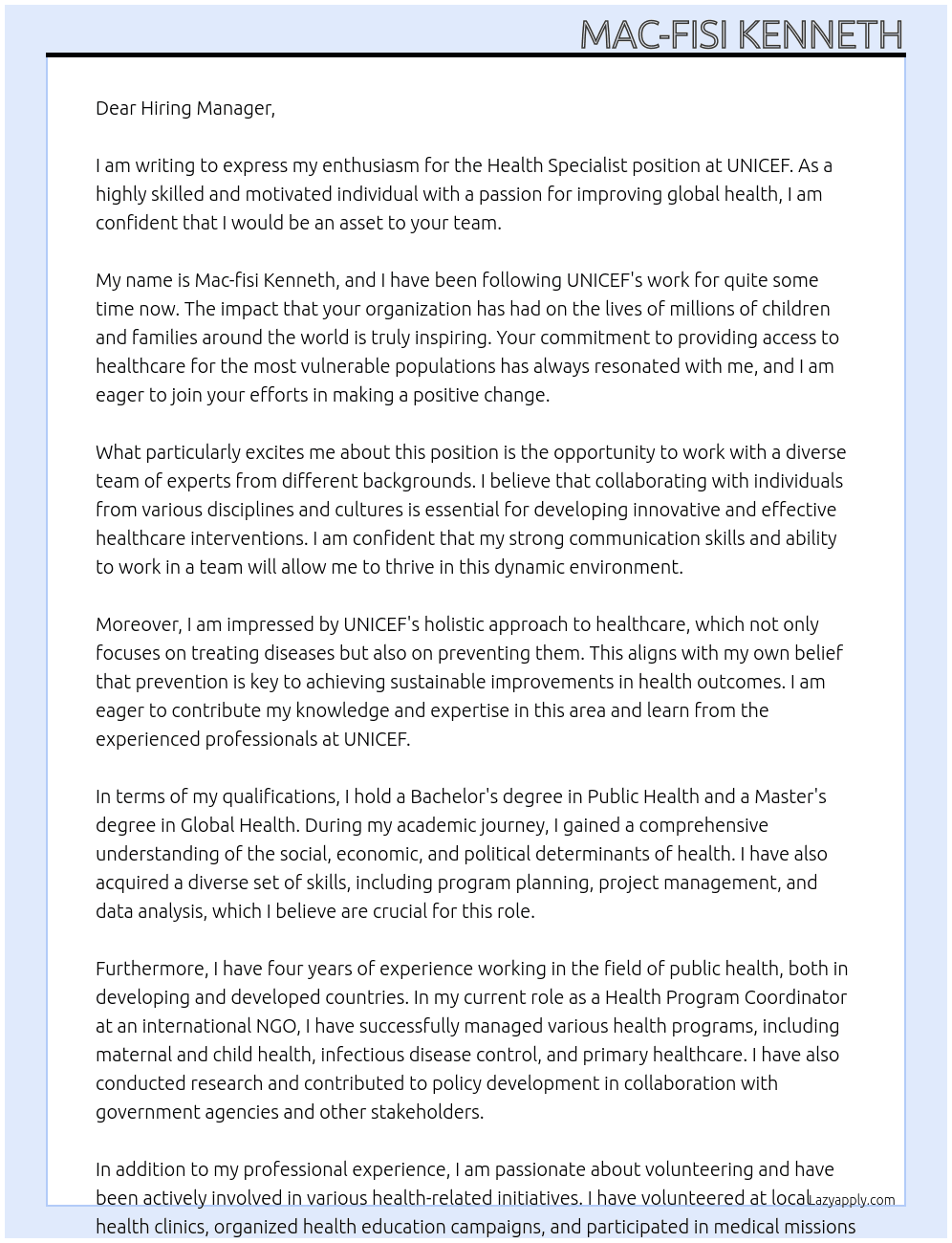 Health Specialist At UNICEF Cover Letter